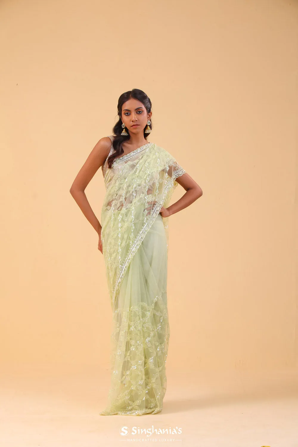 Yellow Green Net Handcrafted Saree