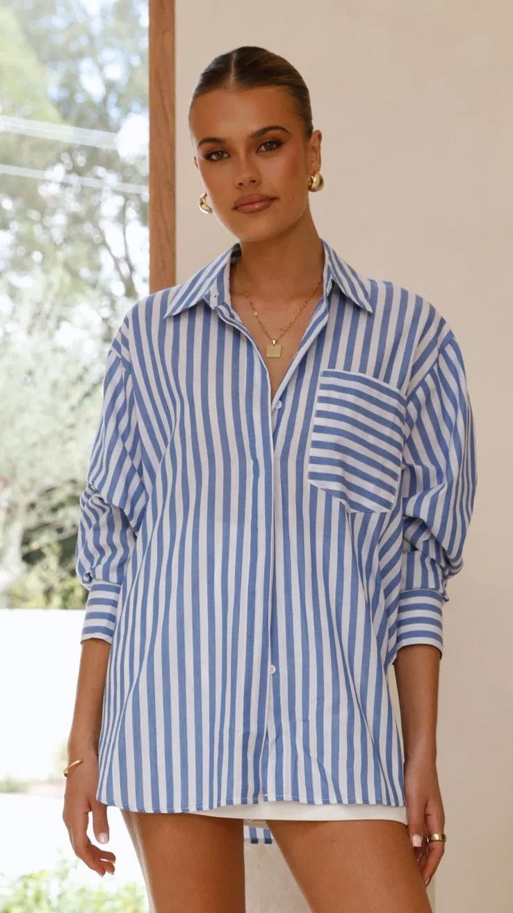 Zoah Long Sleeve Button Up Shirt - Blue/White Stripe